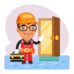 Cartoon locksmith opened the door. Composition with a professional. Flat male character.